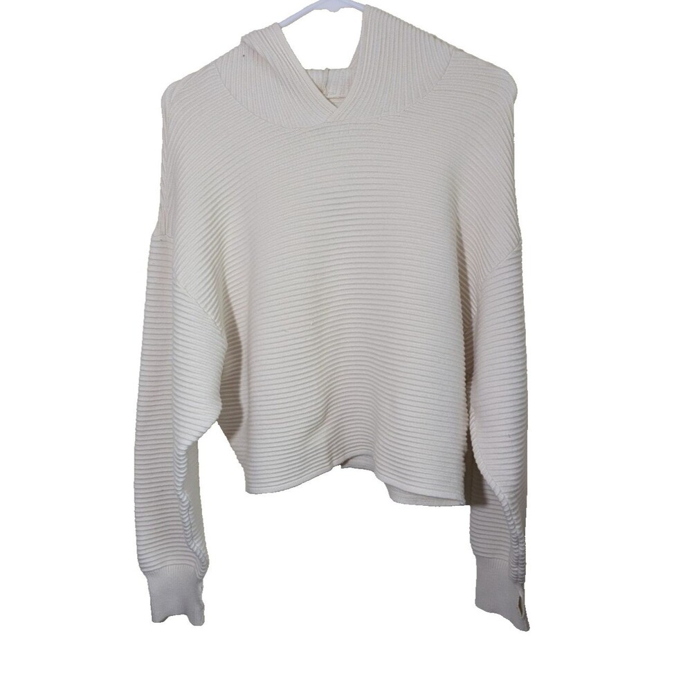 Offline By Aerie Ribbed Hooded Sweater Cream Thumb Holes Oversized Size XS